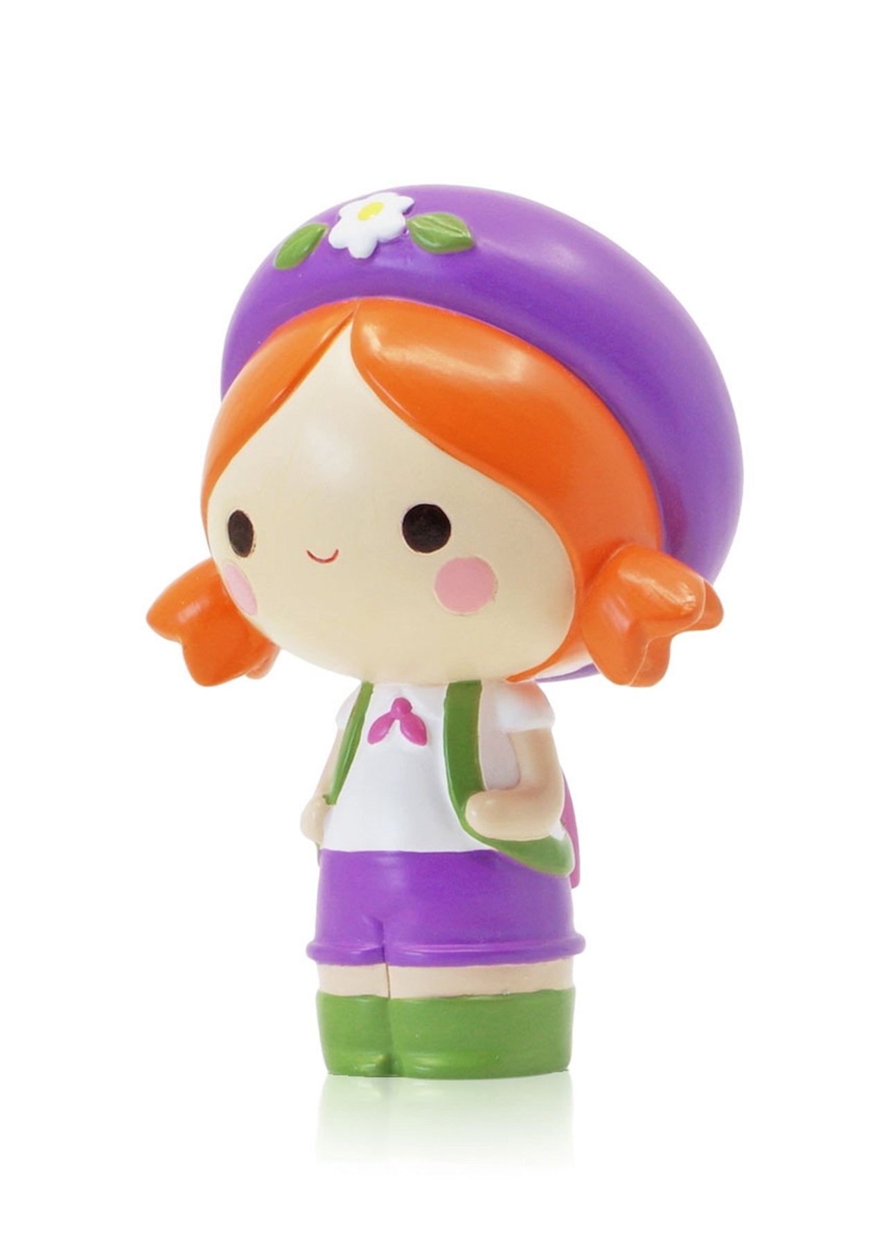 Momiji doll with orange hair, purple beret, white shirt, and purple shorts, standing and smiling. — Momiji doll