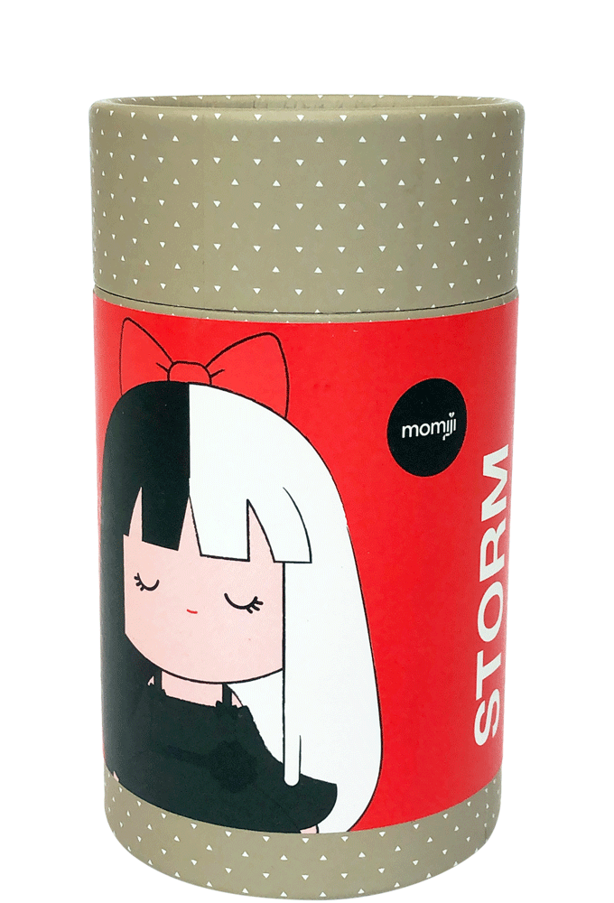 A cylindrical container with a Momiji doll, half black-half white hair, and the Storm character name on a red label. — Momiji doll