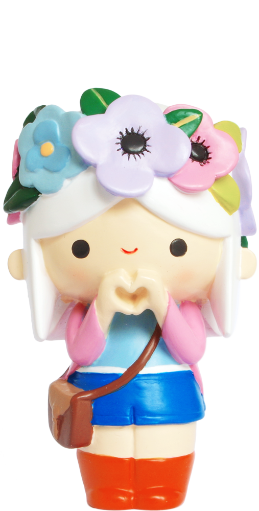 Blossom 2019 Momiji doll, 12cm, with white hair, flower crown, blue shorts, red boots, and heart-shaped hands. — Momiji doll