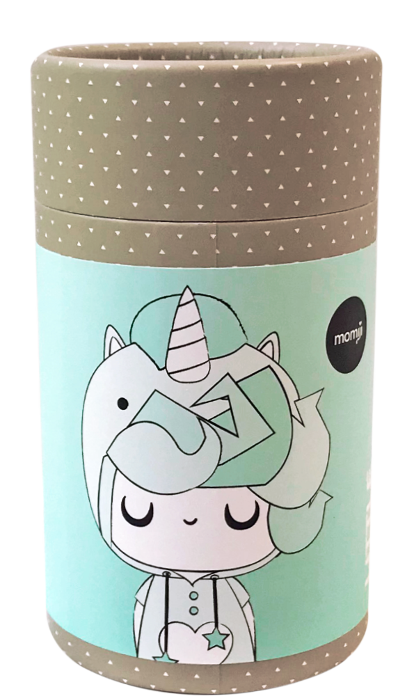 A cylindrical box featuring the Little Starlight Girl - HN Momiji doll design and Momiji branding on a mint green background. — Momiji doll