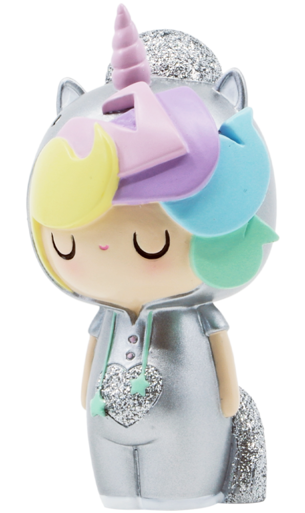 Little Starlight Girl Momiji doll in a shiny silver unicorn costume, pastel hair, and a glittery heart on her chest. — Momiji doll