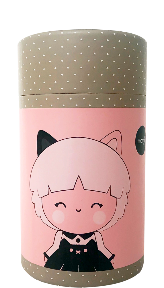 Calico HN Momiji doll box with cat-eared girl on a pink label, beige patterned lid and base, cute collectible design. — Momiji doll