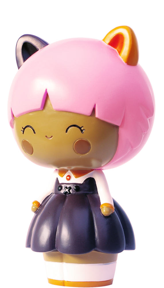 Momiji doll with pink hair, cat ears, black skirt, and a cheerful closed-eye smile. White background. — Momiji doll