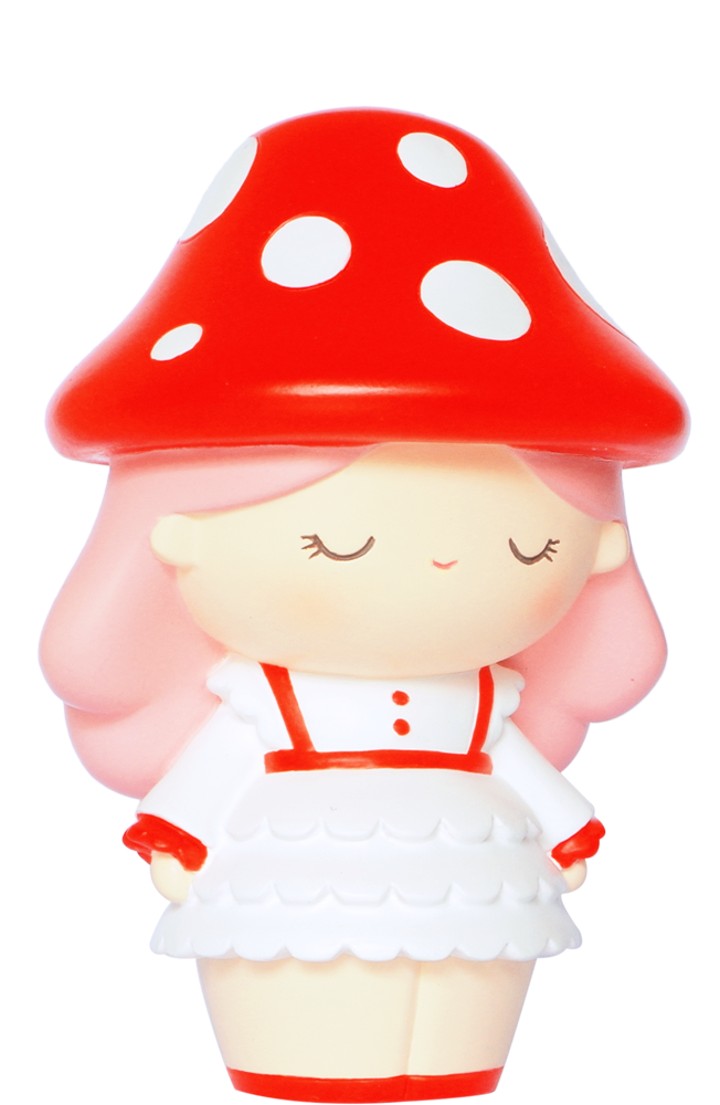 Daydream HN Momiji doll with pink hair, red mushroom hat, white dress; collectible vinyl toy with secret message inside. — Momiji doll