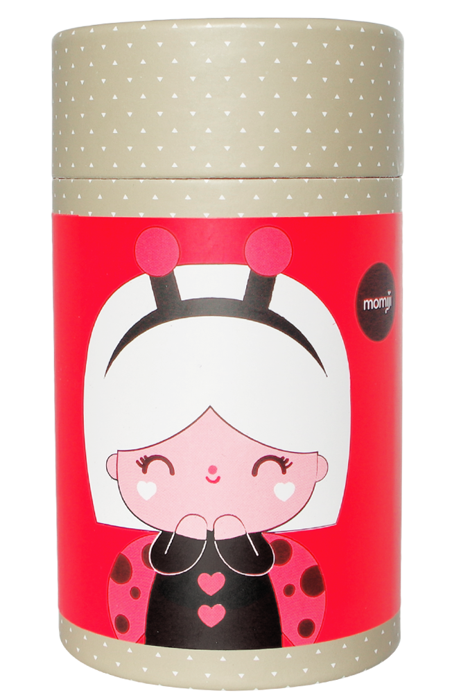 Lucky HN Momiji doll gift box features a ladybug girl design with a dotted beige lid, perfect for Momiji collectors. — Momiji doll