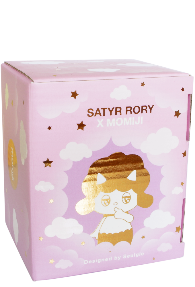 Pink Satyr Rory Momiji doll box with clouds, gold stars, cartoon cat; SATYR RORY X MOMIJI collectible gift packaging. — Momiji doll