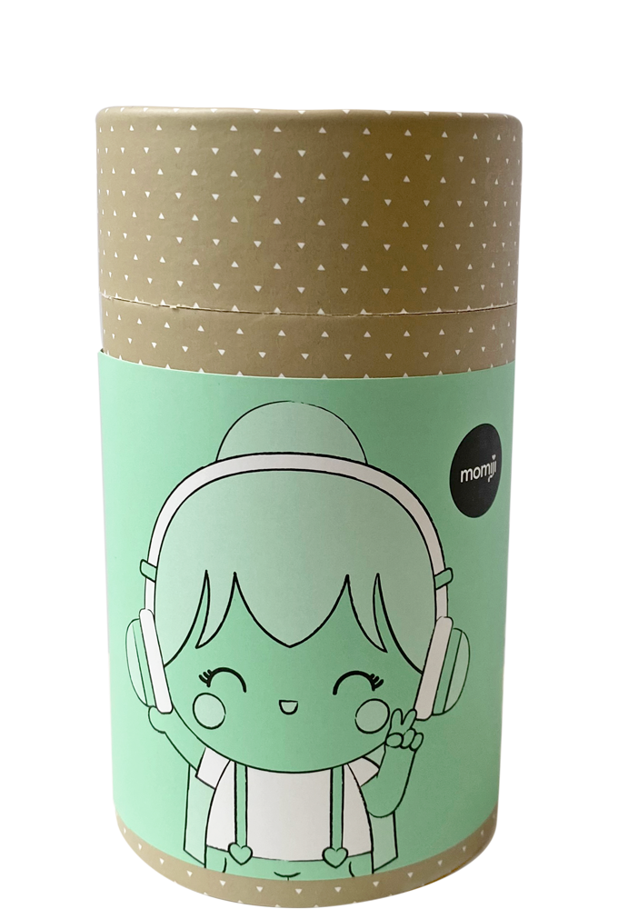 Melody Momiji doll with headphones, mint green and brown colors, white hearts, in a matching cylindrical box. — Momiji doll
