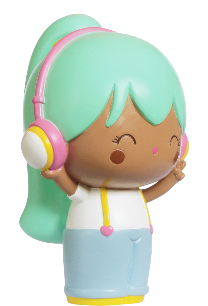 Melody Momiji doll with mint green hair, pink headphones, blue overalls, white shirt, posing with a peace sign. — Momiji doll