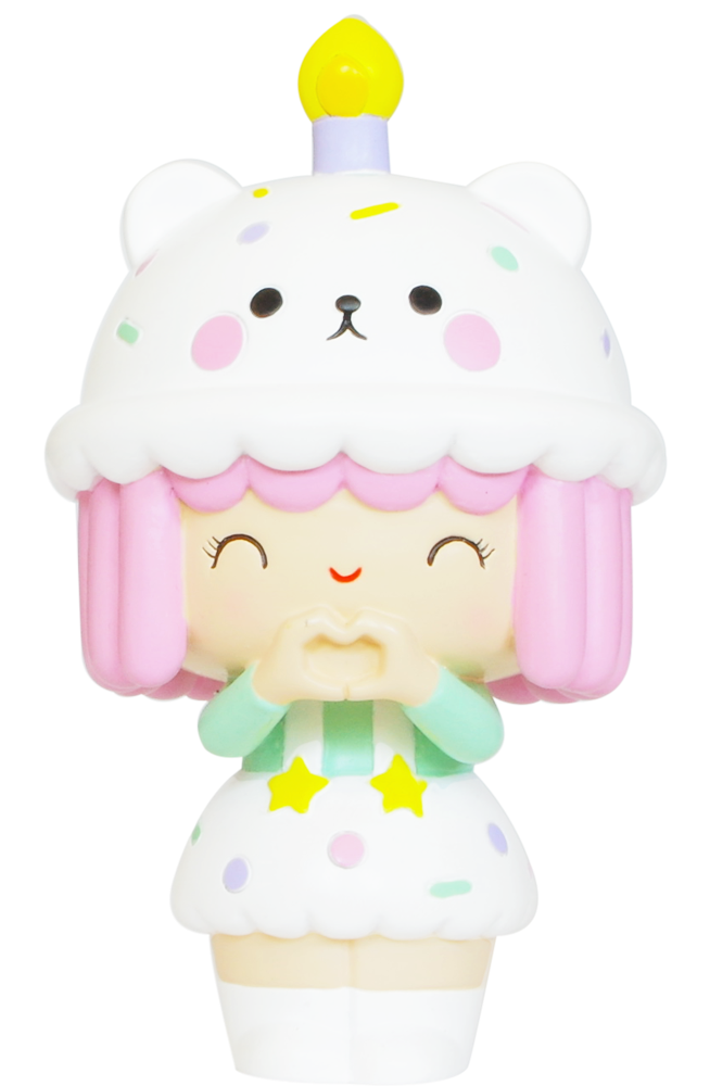 Birthday Girl Momiji doll with pink hair, bear hat, candle, white star dress, and heart-shaped hands. — Momiji doll