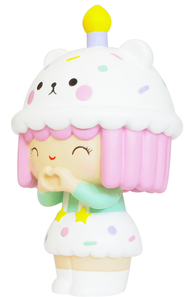 Birthday Girl Momiji doll with pink hair, cupcake bear hat with candle, and a sprinkle-covered white skirt. — Momiji doll