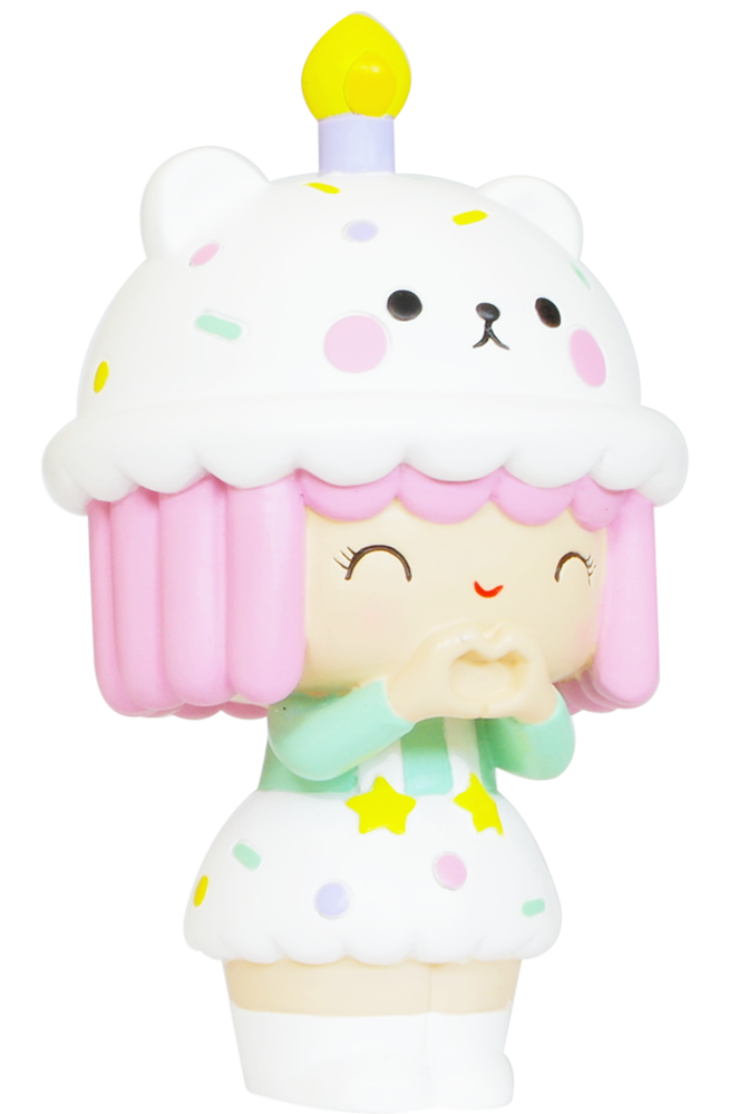 Birthday Girl Momiji doll with pastel pink hair, white bear hat featuring a candle, and a star-print pastel outfit. — Momiji doll