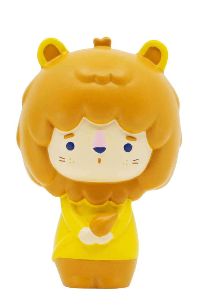 Momiji doll dressed as a yellow lion, with a surprised expression and cute childlike features. Inspired by Wizard of Oz. — Momiji doll