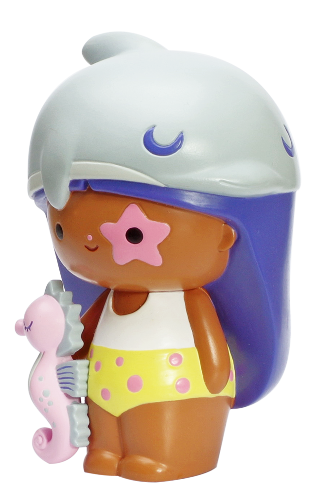Beach Baby Momiji doll with purple hair, dolphin hat, polka-dot shorts, and a small pink seahorse accessory. — Momiji doll