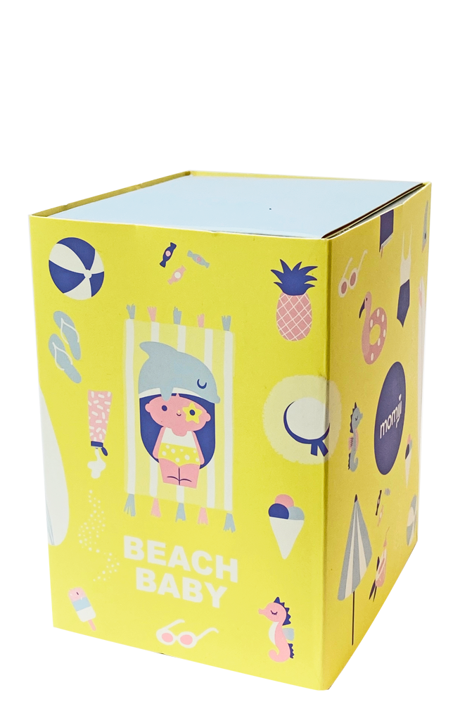 Beach Baby Momiji doll gift box in yellow with beach-themed illustrations, inspired by Tokyo and Seoul street style. — Momiji doll