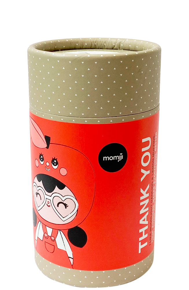 Cylindrical gift box featuring Thank You HN Momiji doll character in a bright red costume on the label. — Momiji doll