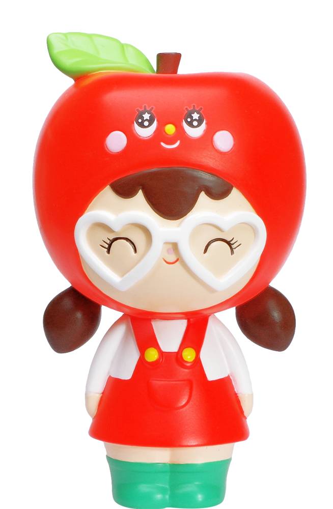 Thank You Momiji doll: girl with red apple hat, heart glasses, red dress and green boots. Collectible vinyl character with secret note. — Momiji doll