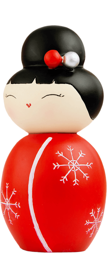 Missy Flake Momiji doll with black hair in a bun, red snowflake dress, and cute hairpiece; collectible kawaii resin figure. — Momiji doll