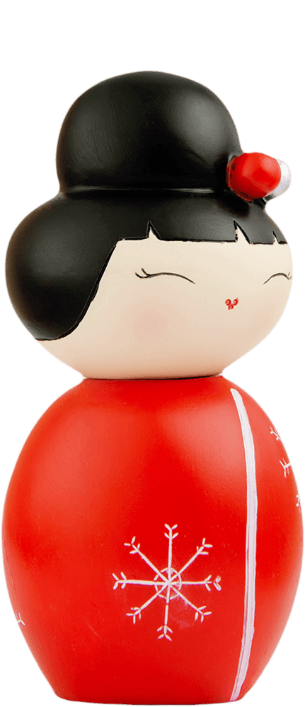 Missy Flake Momiji doll with black hair, red snowflake outfit, and a small red hair accessory. Collectible and kawaii style. — Momiji doll