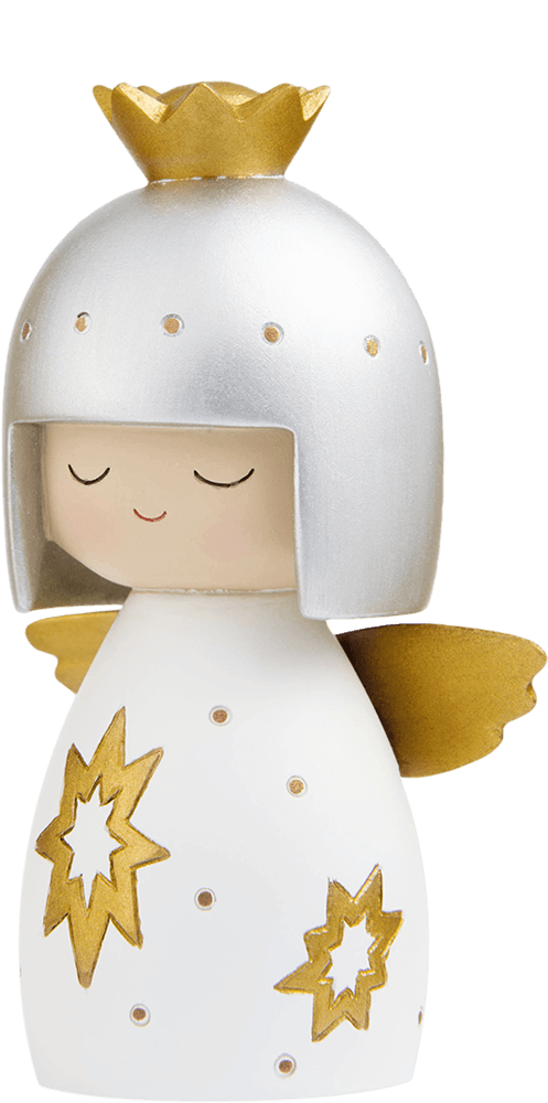 Momiji doll with silver helmet, gold crown, wings, and gold stars on a white robe. Kawaii collectible with hidden message inside. — Momiji doll