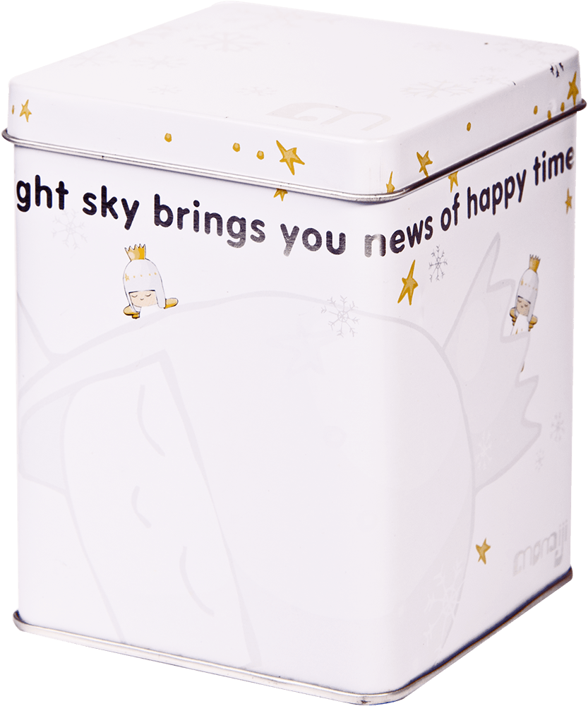 Collectible Momiji doll tin featuring kawaii angel Momiji dolls, gold stars, and the message: "bright sky brings you news of happy time. — Momiji doll