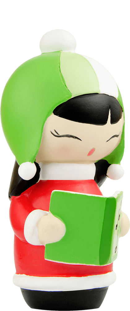 Bubble Momiji doll: character in a green hat, red coat, holding a green book, singing. Collectible with secret message inside. — Momiji doll