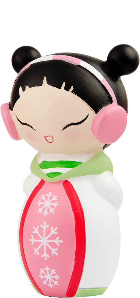 Blushes Momiji doll with earmuffs, oval body, snowflakes, and a cheerful smile; cute collectible with hidden message. — Momiji doll