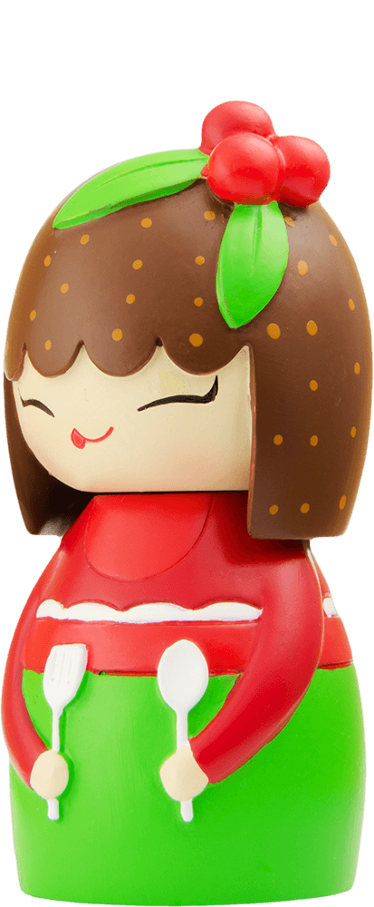 Pudding Momiji doll with brown hair, red bow, green skirt, sweet smile, and holding tiny utensils. — Momiji doll
