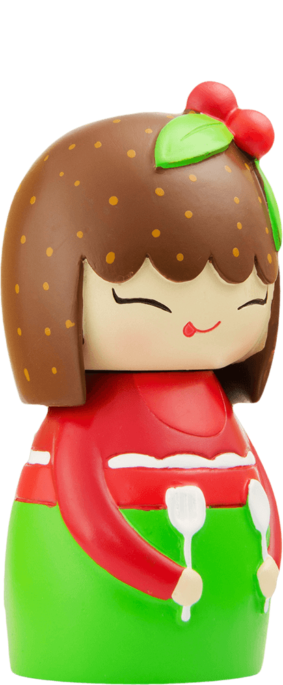 Pudding Momiji doll with brown hair, red top, green skirt, cherry hairpin, holding two white spoons. — Momiji doll