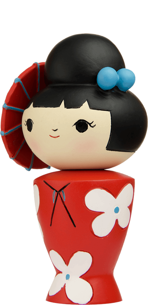 Birthday Girl Momiji doll with black hair, red dress, and rosy cheeks; collectible character with secret message inside. — Momiji doll