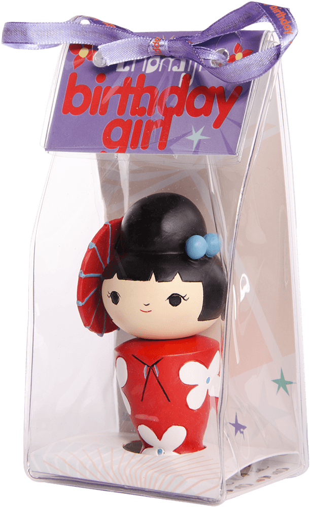 Birthday Girl Momiji doll in a red floral dress, gift-boxed with purple ribbon and "birthday girl" tag; collectible character. — Momiji doll