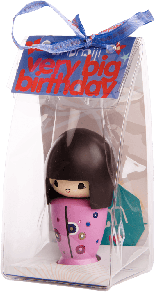 Momiji doll with black hair in a pink outfit, boxed as "Very Big Birthday" and tied with a blue ribbon. — Momiji doll