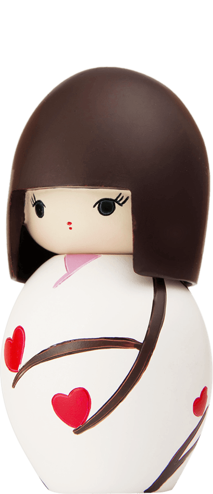Favourite Person Momiji doll with dark hair, red heart-patterned robe, and secret message slot; a kawaii collectible. — Momiji doll