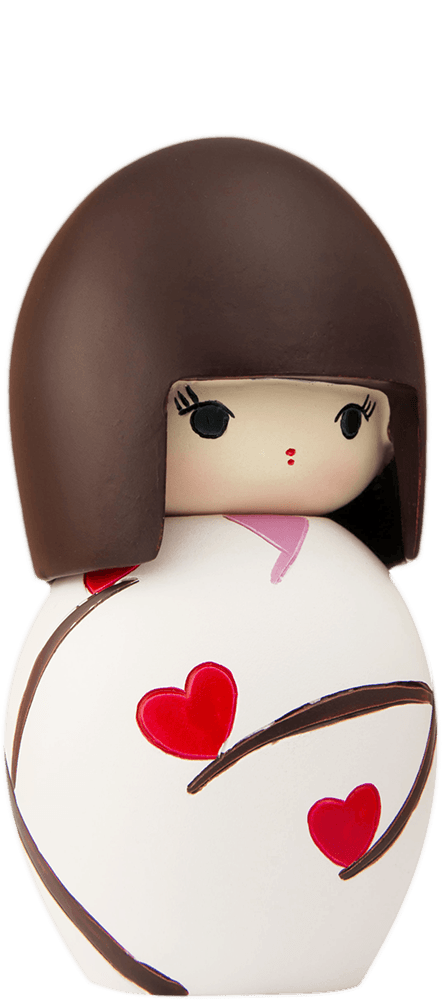 Favourite Person Momiji doll with a brown bob, white outfit, and red hearts. Each Momiji doll hides a secret message inside. — Momiji doll
