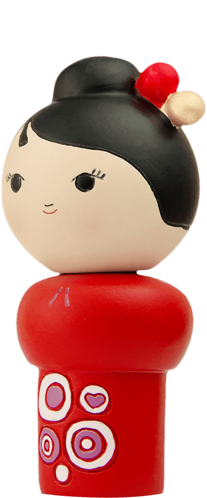 Best Friends Momiji doll with black hair in a bun, cute smile, and red dress patterned with white circles. — Momiji doll
