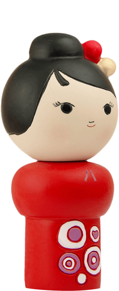 Best Friends Momiji doll with black hair, red outfit, small smile, and circular patterns. A secret message is hidden inside. — Momiji doll