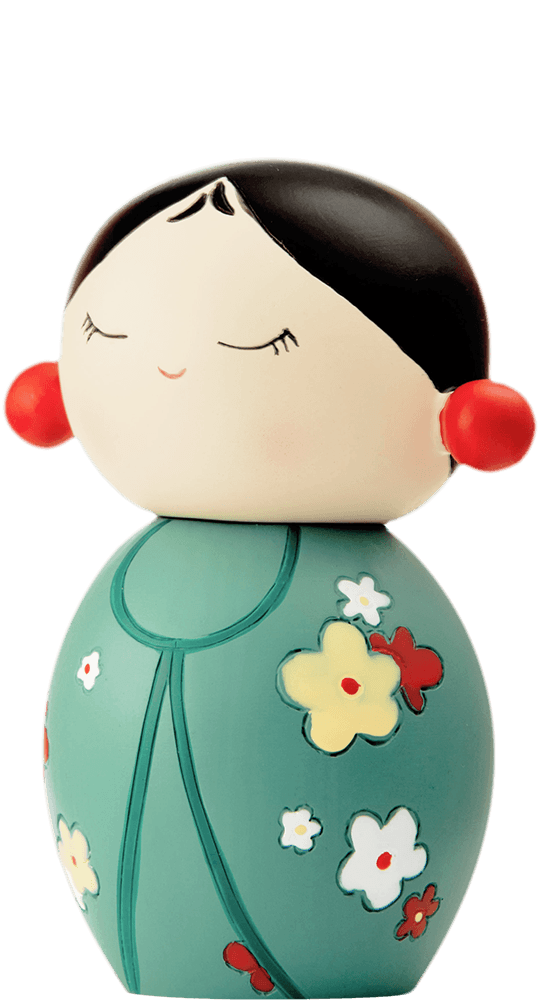 Thank You Momiji doll with red cheeks, black hair, and a green floral dress, designed to hold a secret message inside. — Momiji doll