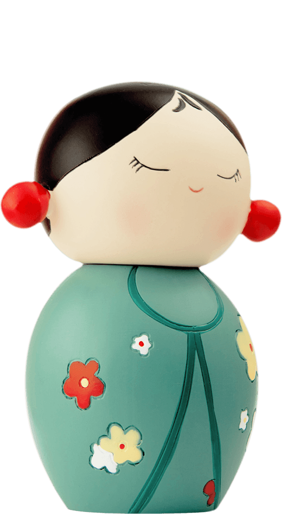 Thank You Momiji doll with closed eyes, rosy cheeks, wearing a teal dress decorated with flowers. — Momiji doll
