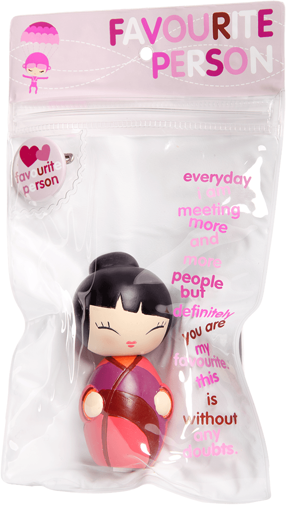 Favourite Person 2 Momiji doll with black hair and pink dress, packaged with a pink 'Favourite Person' label. — Momiji doll