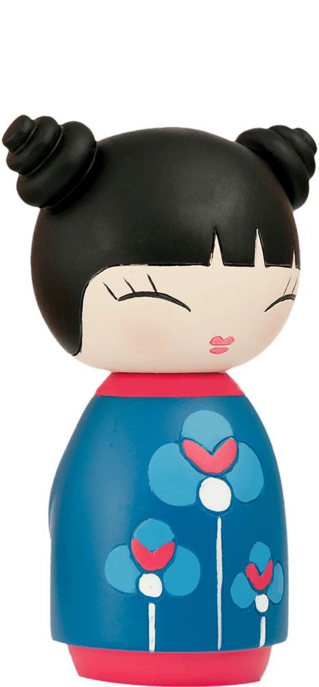 Hurray Momiji doll with black hair in buns, closed eyes, wearing a blue floral dress. Collectible and cute. — Momiji doll