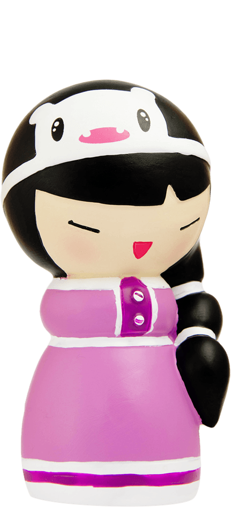 Yee Ha! Momiji doll with black hair, pink dress, and a white hat with a cute smiling animal face. Collectible and kawaii. — Momiji doll