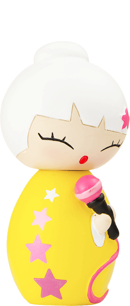 Little Star Momiji doll with white hair, yellow dress decorated with pink stars, holding a pink mic, eyes closed. — Momiji doll