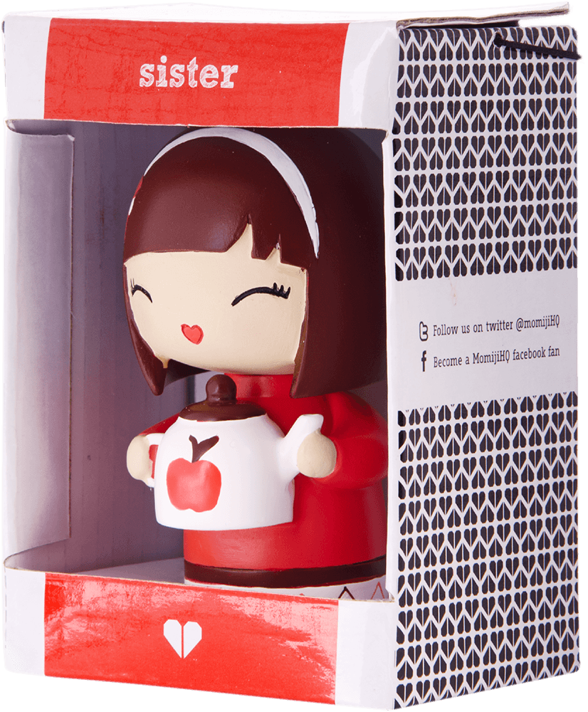 Sister Momiji doll with brown hair, holding a teapot, in a cute patterned box. Includes secret message inside. Collectible and kawaii. — Momiji doll