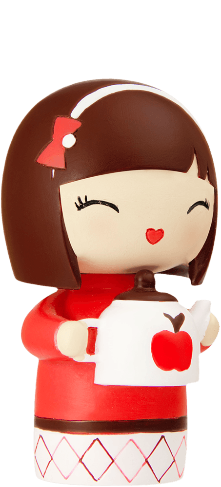 Sister Momiji doll with brown hair, red bow and dress holds a teapot decorated with an apple. Collectible kawaii character. — Momiji doll