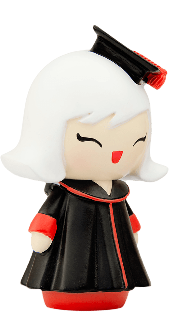 Clever Clogs Momiji doll with white hair, black and red graduation cap and gown, smiling sweetly. Secret message inside. — Momiji doll