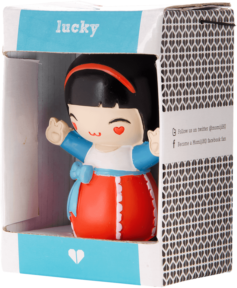 Momiji doll “Lucky” with black hair and a red dress, in a box with “lucky” on the top flap. Collectible message doll. — Momiji doll