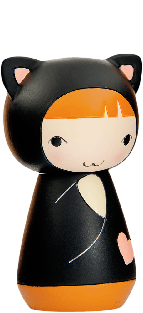 Kitty Momiji doll with orange hair, wearing a black cat costume with ears and a pink heart on its chest. — Momiji doll