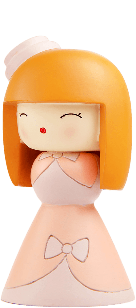 Momiji doll Lolita with orange hair, pink dress, tiny hat, and a cute closed-eye smile. Collectible with secret message. — Momiji doll