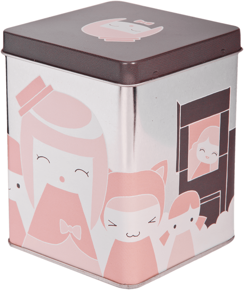 Lolita Momiji doll square metal tin with kawaii pink and white faces, collectible design inspired by street culture. — Momiji doll