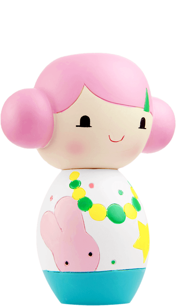 Pinku: Momiji doll with pink hair, white dress, bunny and star details, seated on a blue base—hides a secret message inside. — Momiji doll