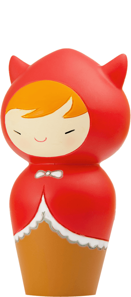 Ruby Momiji doll with a red hood, orange hair, and a smiling face—kawaii collectible with secret message inside. — Momiji doll